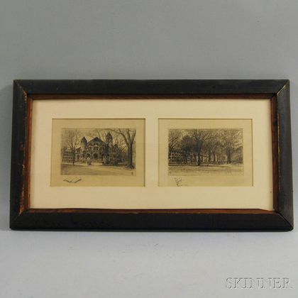 Two Etchings of Yale University in a "Yale Fence" Frame