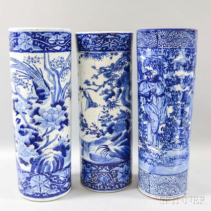 Three Chinese Export Blue and White Umbrella Stands