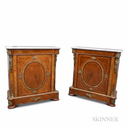 Pair of Louis XVI-style Ormolu-mounted Inlaid Walnut Marble-top Cabinets