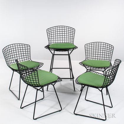 Four Bertoia-style Chairs and a High Stool 