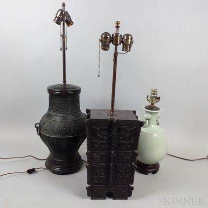 Three Chinese-style Bronze and Ceramic Lamps