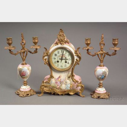 "Sevres" Louis XV-style Three Piece Porcelain and Ormolu Mounted Clock Garniture