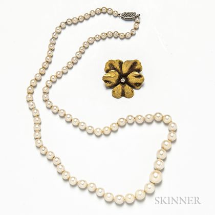14kt Gold and Diamond Floral Brooch and Cultured Pearl Necklace