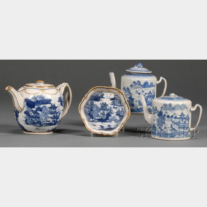 Three Canton Porcelain Teapots and an Undertray