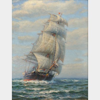 James Gale Tyler (American, 1855-1931) Full-rigged Ship Under Sail in Open Seas