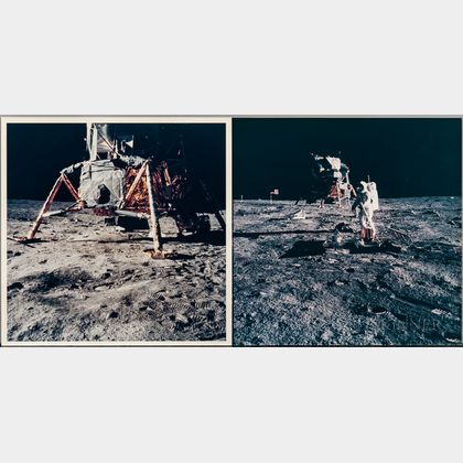 Apollo 11, Astronaut Edwin E. Aldrin Jr. Standing Between Split Rock and the Seismometer and View South Behind the Lunar Module (... 