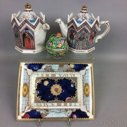 Pair of Staffordshire Ceramic Teapots, a Royal Worcester Tray, and a Herend Box. Estimate $200-250