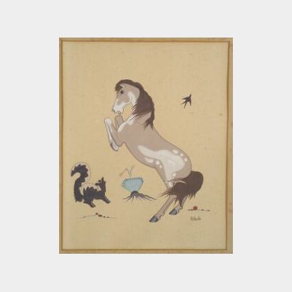 Popovi Da (San Ildefonso, b. 1940) Image of a Roaring Horse, a Skunk, and a Bird.