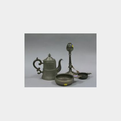 Morey and Ober Pewter Teapot, Crown-handled and Lee-type Porringers and a Gleason Whale-oil Lamp. 
