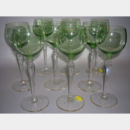 Nine Bohemian Green and Colorless Glass Gilt Decorated Wine Stems. 