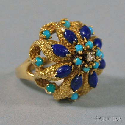 Lucien Piccard 14kt Gold, Turquoise, Lapis, and Diamond Cluster Ring