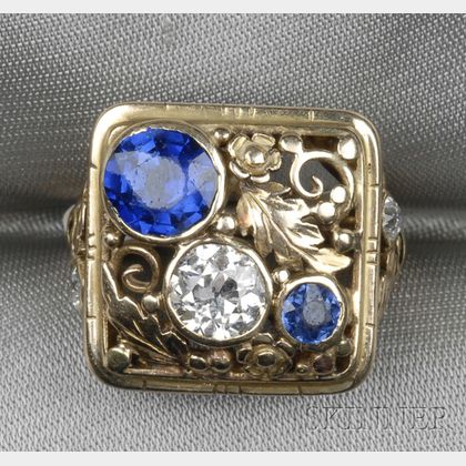 Arts & Crafts 14kt Gold, Sapphire, and Diamond Ring, Attributed to Edward Oakes