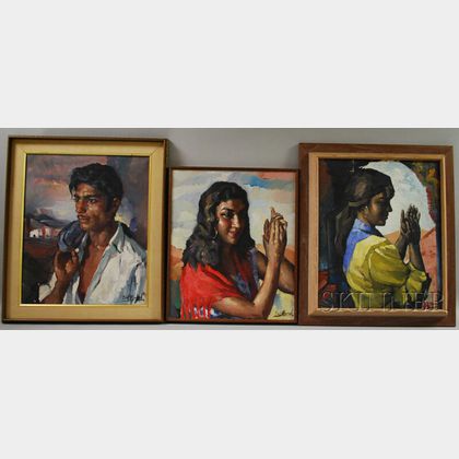 Manuel Del Moral Hildago (Spanish, b. 1930) Three Portraits: El Trabajador, Gypsy Girl in Red