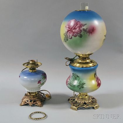 Two Late Victorian Hand-painted Kerosene Lamps