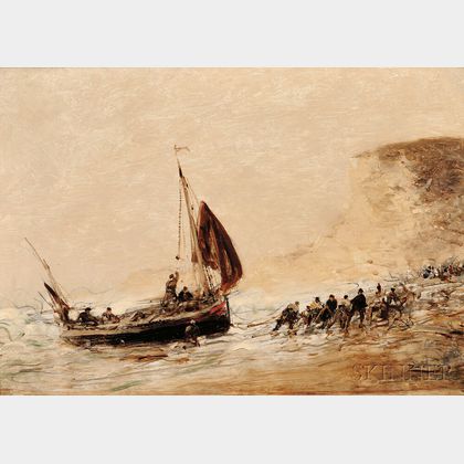 Félix Ziem (French, 1821-1911) Hauling a Fishing Boat onto the Beach