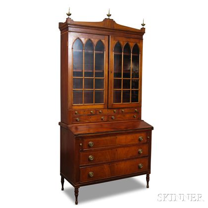 Federal-style Glazed and Inlaid Mahogany Desk/Bookcase