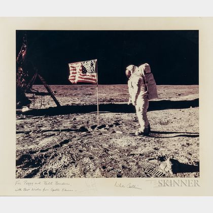 Aldrin, Buzz (b. 1930) Neil Armstrong (1930-2012),and Michael Collins (b. 1930) Apollo 11: Buzz Aldrin and the U.S. Flag on the Moon.