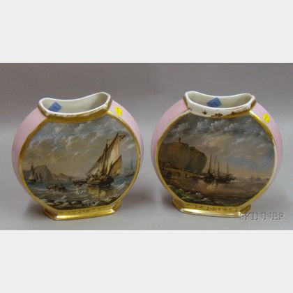 Pair of Continental Hand-painted Marine Scene Decorated Porcelain Pillow Vases