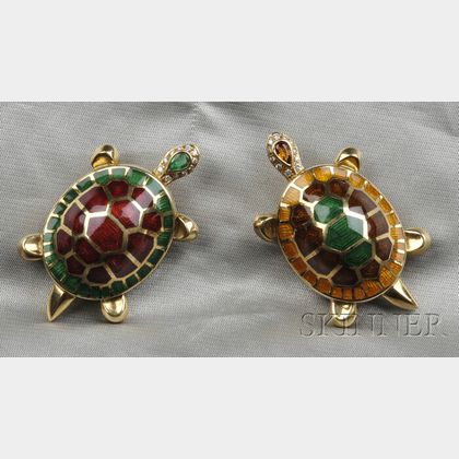Two 18kt Gold, Enamel, and Gem-set Turtle Brooches