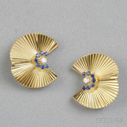 Pair of Retro 14kt Gold and Sapphire Clip Brooches, Tiffany & Co.