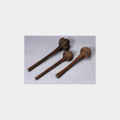 Three Polynesian Carved Wood Throwing Clubs