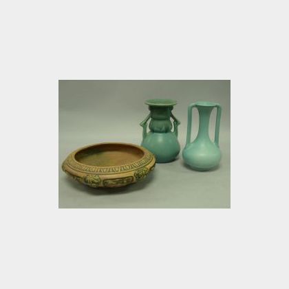 Roseville Pottery Florentine Bowl, Carnelian Vase and a Trenton Pottery Vase. 
