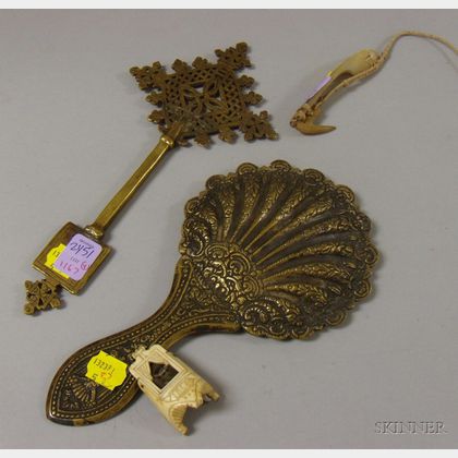 Ethiopian Brass Ceremonial Coptic Cross, a Brass Hand Mirror, Mother-of-pearl Fishing Hook and a Dated 1868 Min... 