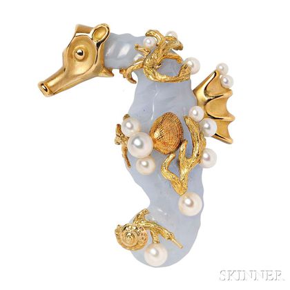 18kt Gold, Blue Chalcedony, and Cultured Pearl Brooch, Seaman Schepps