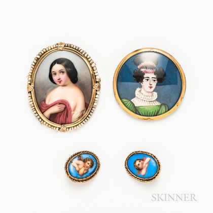 Two Antique Portrait Brooches and a Pair of 14kt Gold and Enameled Porcelain Cherub Earclips
