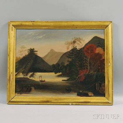 American School, 19th Century Primitive River View with Figures in Boats.
