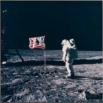 Apollo 11, Astronaut Edwin E. Aldrin Jr. Poses for a Photograph Beside the United States Flag During the Extravehicular Activity... 