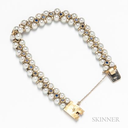 14kt Gold, Cultured Pearl, and Sapphire Bracelet