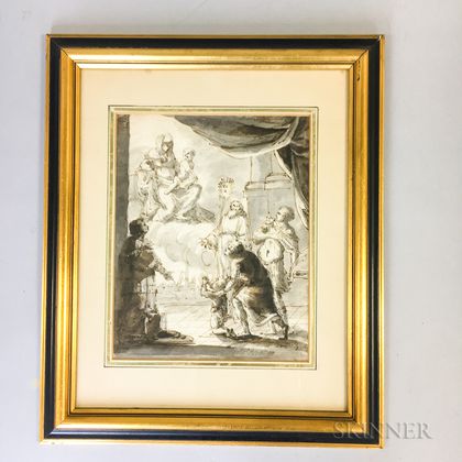 Early Framed Ink and Wash Image of the Virgin and Child Appearing to Supplicants