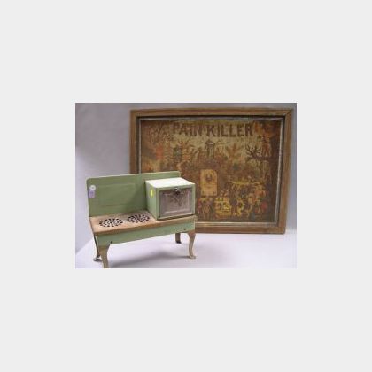 Framed Lithographed Tin Perry Davis Vegetable Pain Killer Advertising Sign and a Child&#39;s Painted Pressed Steel Toy Stove