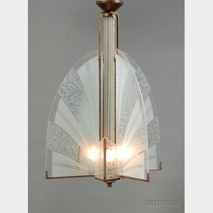 French Art Deco Hammered Metal and Etched Colorless Glass Hanging Light