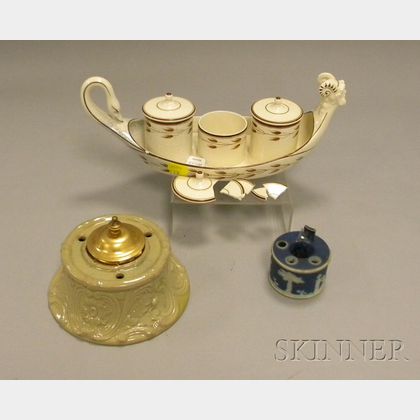 Two Wedgwood Ceramic Inkwells and a Creamware Boat-form Inkstand