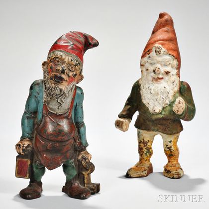 Two Cast Iron Painted Gnome Doorstops