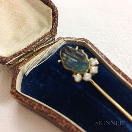 Art Nouveau 14kt Gold, Carved Glass, and Diamond Stickpin