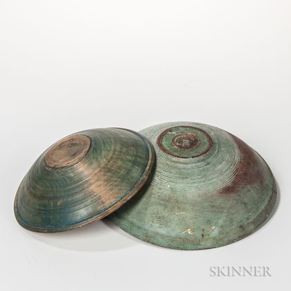 Two Blue-painted Beehive Turned Bowls