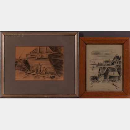 Louis Bosa (Italian/American, 1905-1981) Two Framed Charcoal Drawings: Laborers Dockside