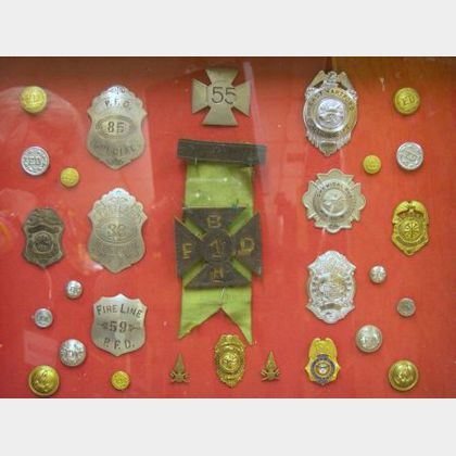 Framed Group of Twenty-nine Firefighting Badges, Buttons and Pins