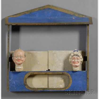 Painted Wood Puppet Stage with Two Puppet Heads