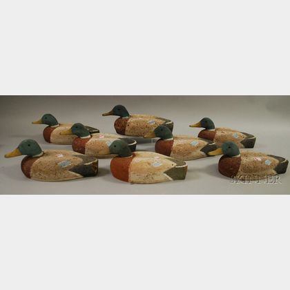 Eight Tux-Dux Painted Carved Wood and Cork Mallard Duck Decoys