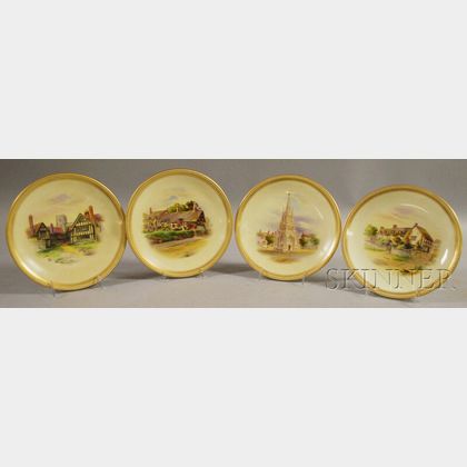 Set of Four Royal Worcester Gilt, Enamel-jeweled, and Hand-painted Porcelain Plates