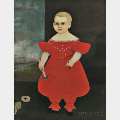 American School, Early 19th Century Portrait of a Boy in Red Dress Holding a Hammer and Nail