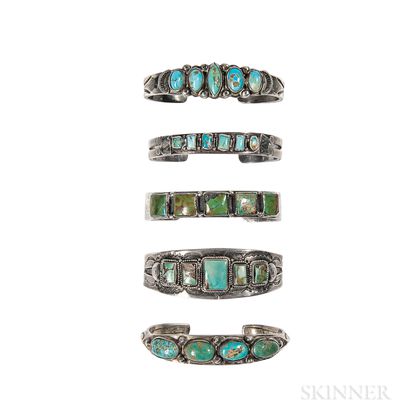 Five Navajo Silver and Multi-Stone Turquoise Bracelets