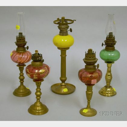 Five Colored Glass and Brass Base Peg Lamps