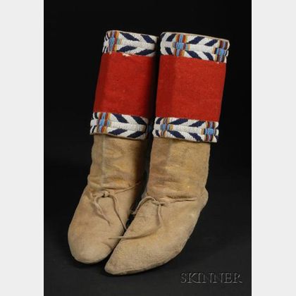 Pair of Ute Beaded Cloth and Hide Moccasins