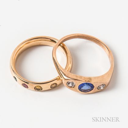 14kt Gold and Colored Gemstone Ring and a Low-karat Gold, Diamond, and Tanzanite Ring