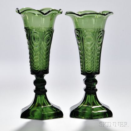 Pair of Sage Green Pressed Glass Eye and Scale Pattern Glass Vases
